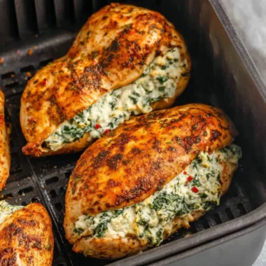 Air Fryer Stuffed Chicken Breasts served on a plate with herbs