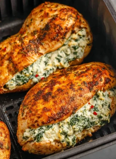 Air Fryer Stuffed Chicken Breasts served on a plate with herbs