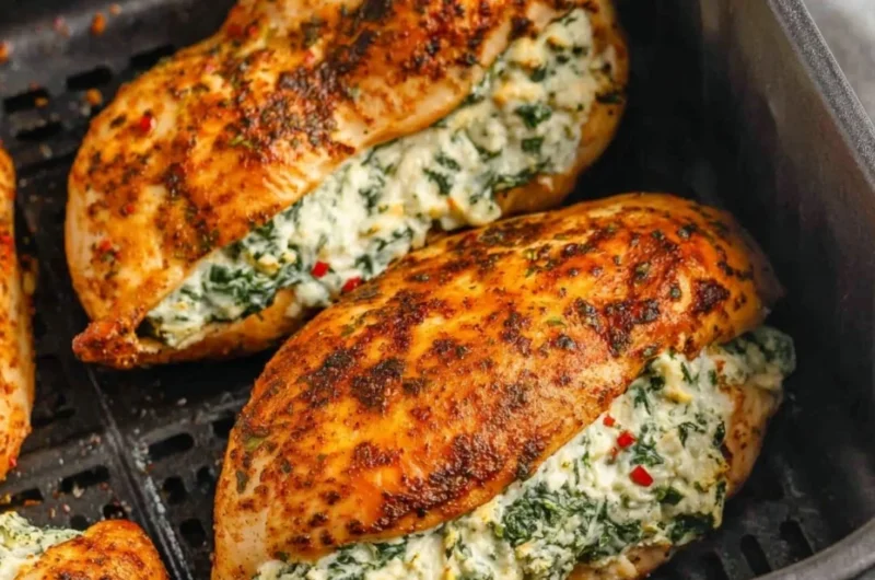 Air Fryer Stuffed Chicken Breasts served on a plate with herbs