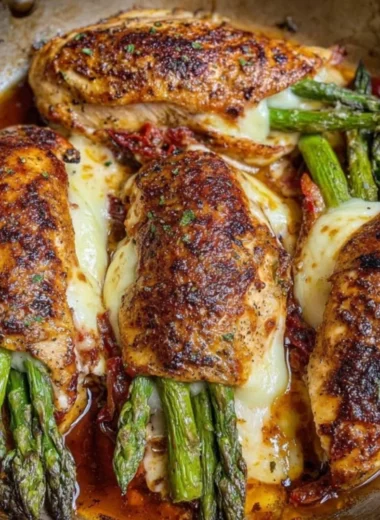 Juicy asparagus stuffed chicken breast garnished with herbs on a plate.