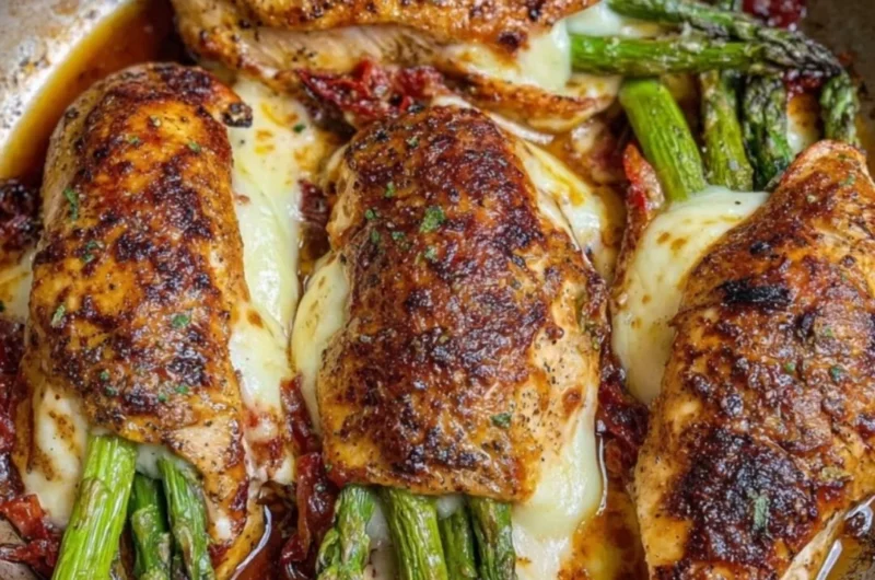 Juicy asparagus stuffed chicken breast garnished with herbs on a plate.