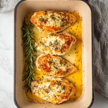 Baked Garlic Butter Chicken with herbs and spices on a white plate