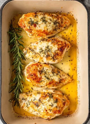 Baked Garlic Butter Chicken with herbs and spices on a white plate