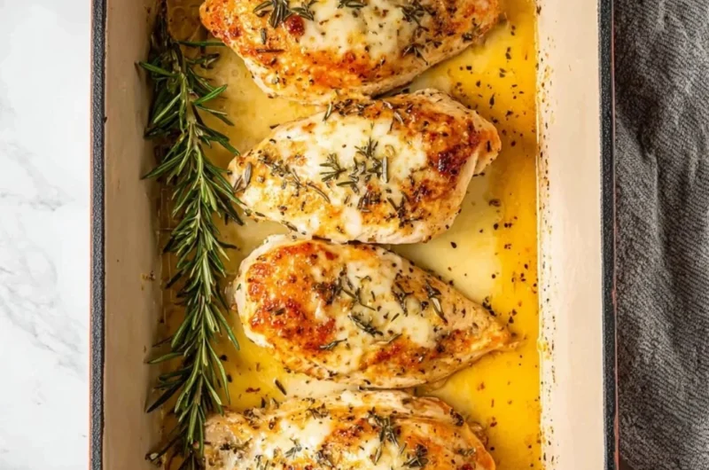Baked Garlic Butter Chicken with herbs and spices on a white plate