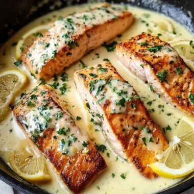 Baked Salmon with Lemon Butter Cream Sauce served on a plate