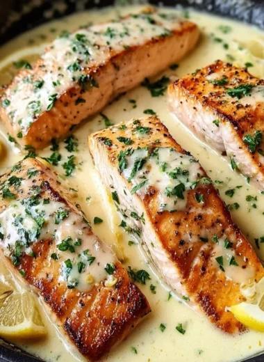 Baked Salmon with Lemon Butter Cream Sauce served on a plate