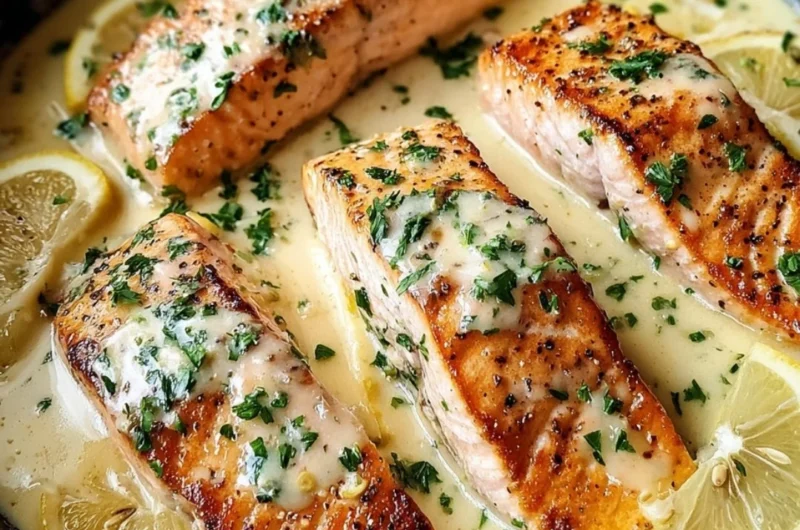 Baked Salmon with Lemon Butter Cream Sauce served on a plate