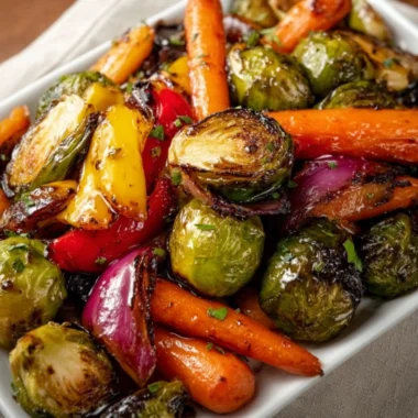 Balsamic glazed roasted vegetables on a serving platter, showcasing vibrant colors.