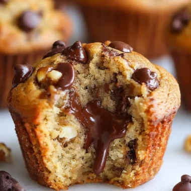 Banana Chocolate Chip Muffins fresh out of the oven, topped with chocolate chips.