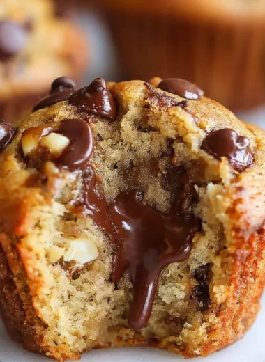 Banana Chocolate Chip Muffins fresh out of the oven, topped with chocolate chips.