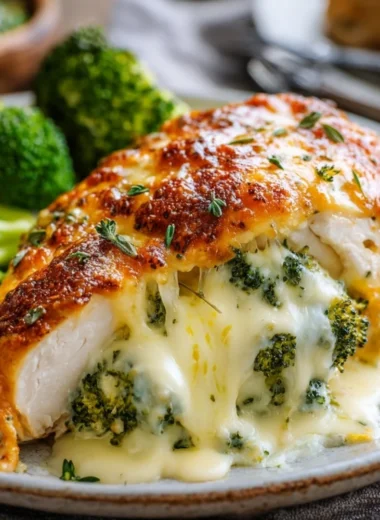 Broccoli cheese stuffed chicken breast garnished and plated on a stylish dish