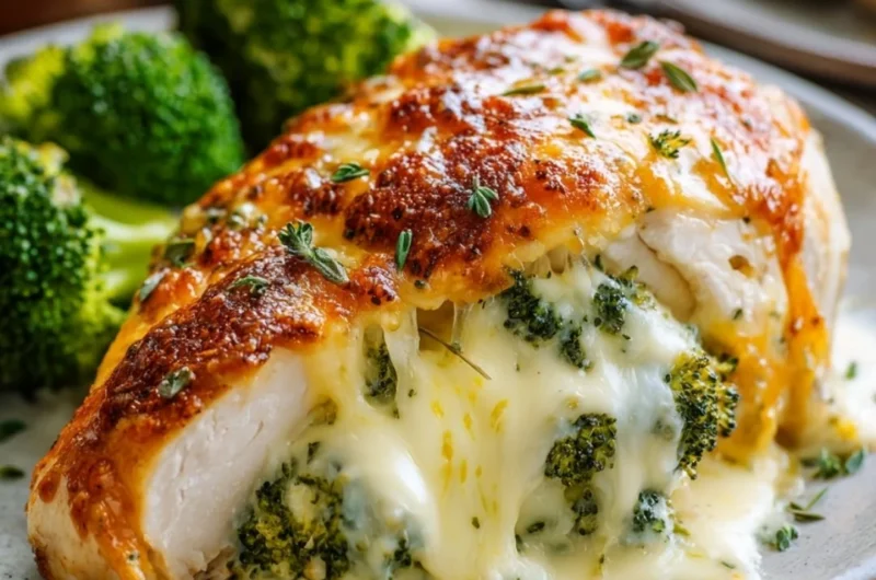 Broccoli cheese stuffed chicken breast garnished and plated on a stylish dish