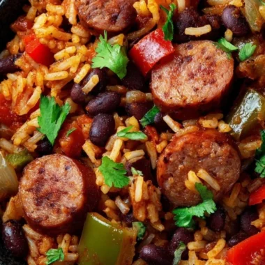 A plate of black beans and rice with sausage garnished with herbs.