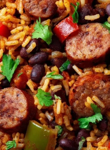 A plate of black beans and rice with sausage garnished with herbs.