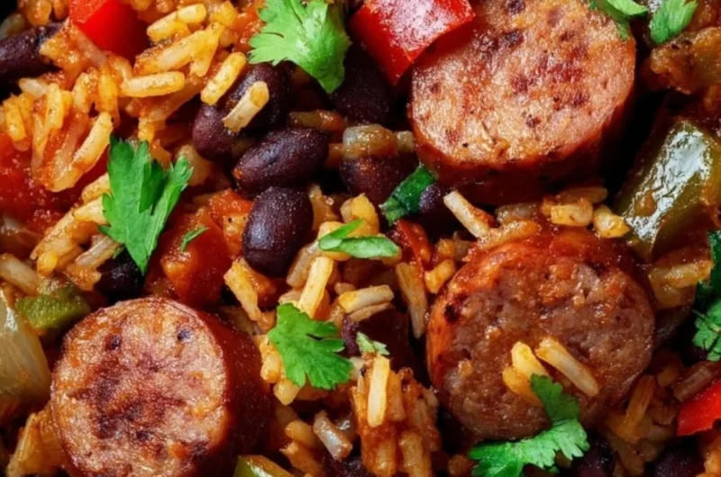 A plate of black beans and rice with sausage garnished with herbs.