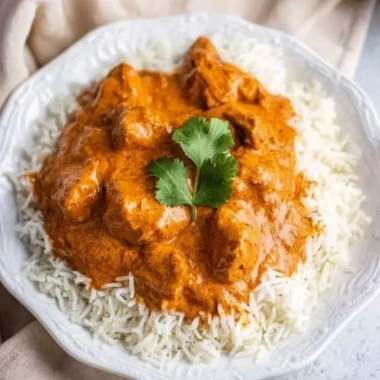 Delicious butter chicken served with rice and naan on a wooden table