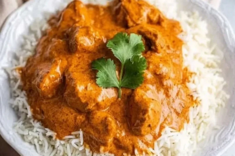 Delicious butter chicken served with rice and naan on a wooden table