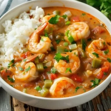 Delicious Cajun shrimp etouffee served in a bowl with rice and vegetables