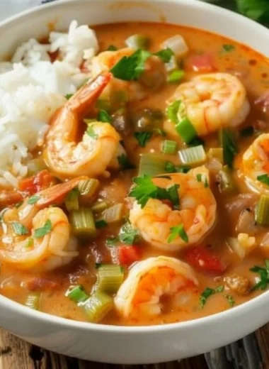 Delicious Cajun shrimp etouffee served in a bowl with rice and vegetables