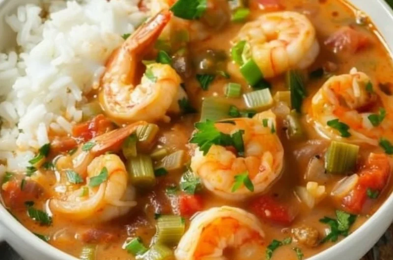 Delicious Cajun shrimp etouffee served in a bowl with rice and vegetables