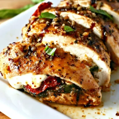 Caprese stuffed chicken breast topped with balsamic glaze and fresh herbs