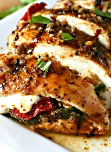 Caprese stuffed chicken breast topped with balsamic glaze and fresh herbs