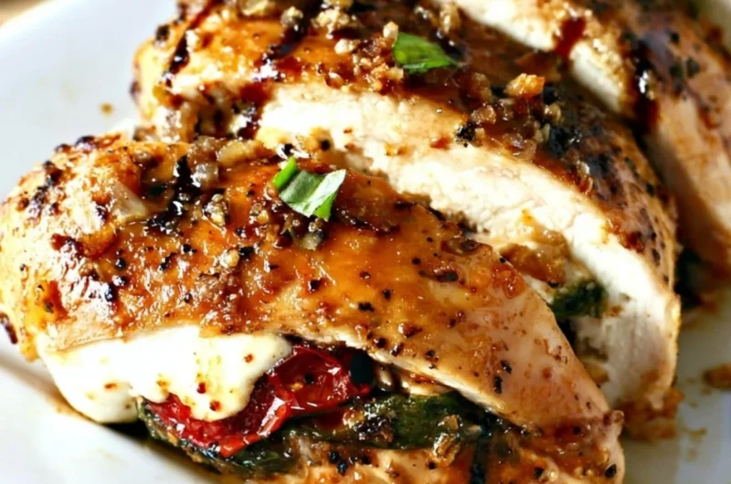 Caprese stuffed chicken breast topped with balsamic glaze and fresh herbs