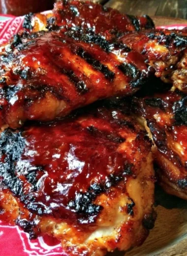 Delicious Cherry Dr Pepper BBQ Chicken served with sides on a grill.