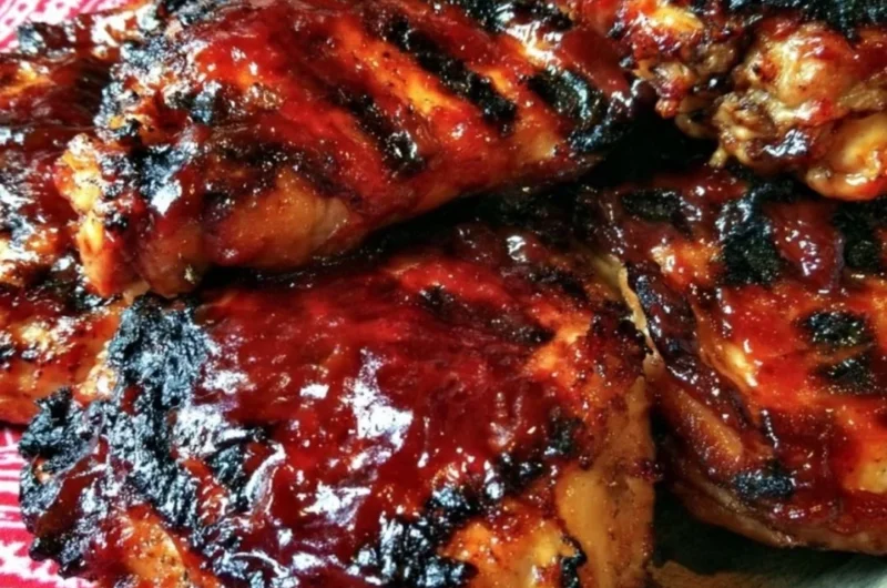 Delicious Cherry Dr Pepper BBQ Chicken served with sides on a grill.