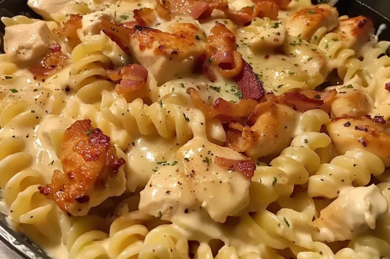Delicious Chicken Bacon Ranch Pasta served in a bowl with herbs and cheese.