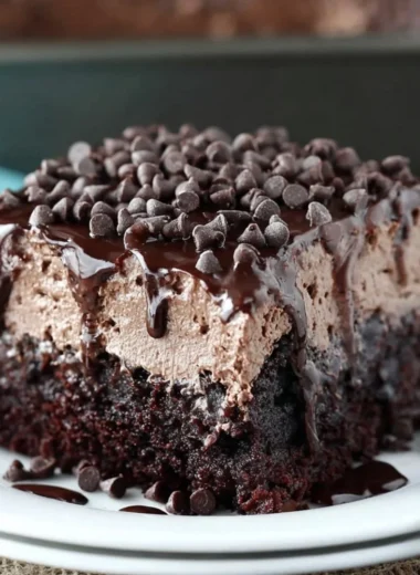 Delicious chocolate poke cake with chocolate drizzle and whipped cream topping.