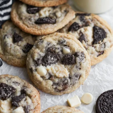 Batch of freshly baked Cookies and Cream Cookies with chocolate pieces