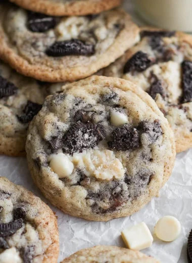 Batch of freshly baked Cookies and Cream Cookies with chocolate pieces