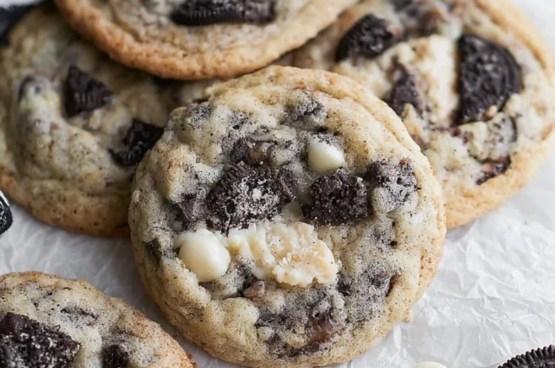Batch of freshly baked Cookies and Cream Cookies with chocolate pieces