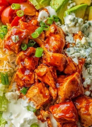 Cozy Buffalo Chicken Bowls with tender chicken, rice, and spicy sauce