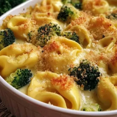 Creamy cheesy broccoli tortellini bake topped with melted cheese and baked to perfection.