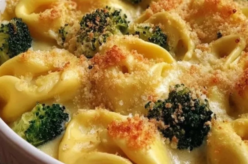 Creamy cheesy broccoli tortellini bake topped with melted cheese and baked to perfection.