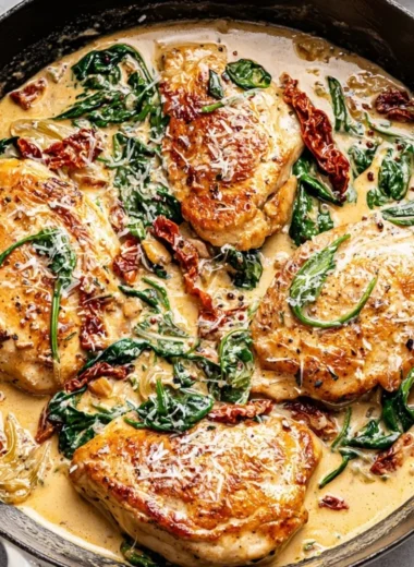 Creamy Tuscan chicken served with herbs and vegetables