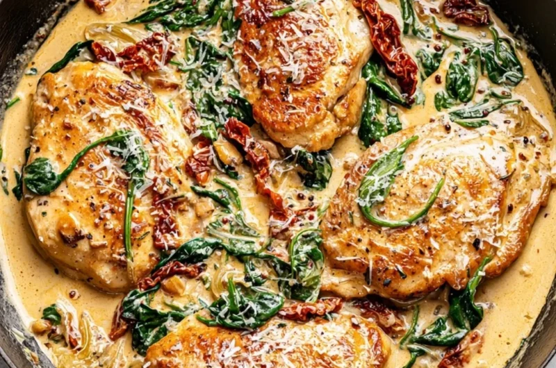 Creamy Tuscan chicken served with herbs and vegetables