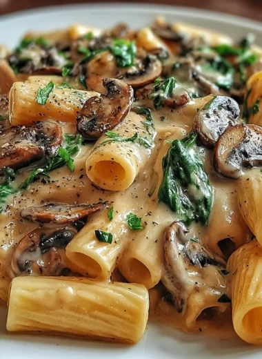 Creamy Tuscan Mushroom Pasta skillet dish with fresh herbs and cheese