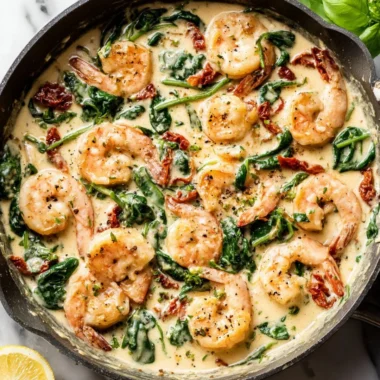Delicious creamy Tuscan shrimp served on a plate with herbs