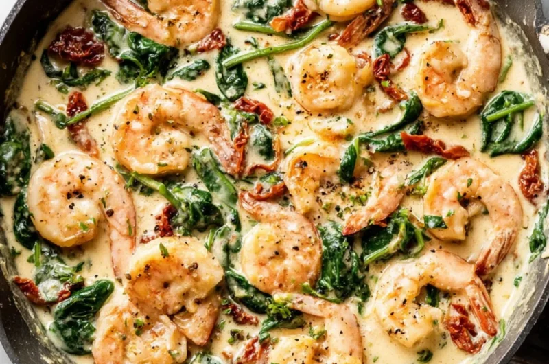 Delicious creamy Tuscan shrimp served on a plate with herbs