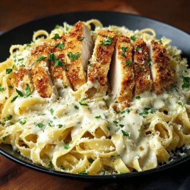 Delicious Crispy Chicken Fettuccine Alfredo served on a plate