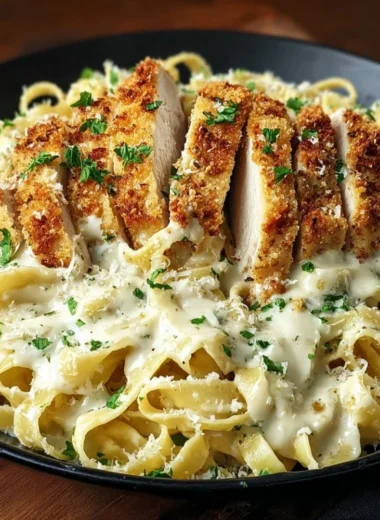 Delicious Crispy Chicken Fettuccine Alfredo served on a plate