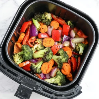 Bowl of easy air fryer roasted vegetables with vibrant colors and spices