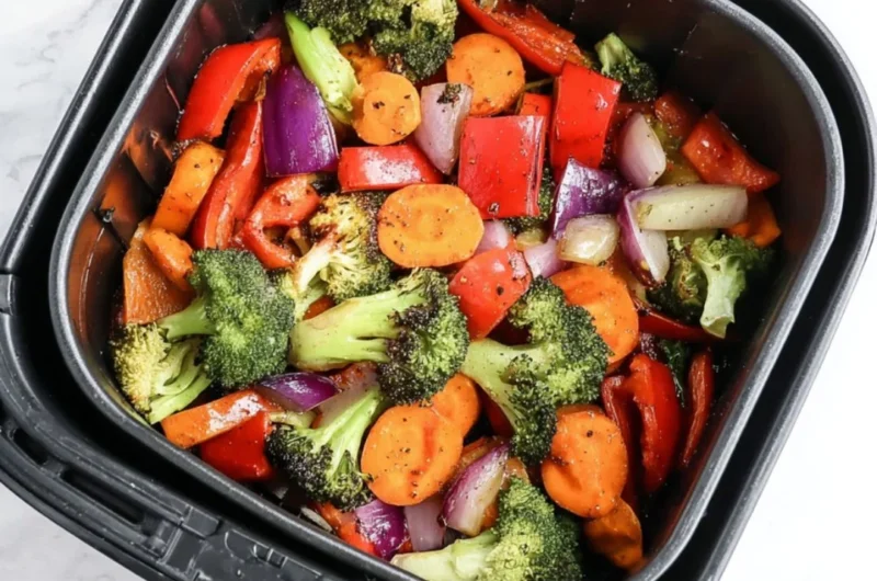 Bowl of easy air fryer roasted vegetables with vibrant colors and spices