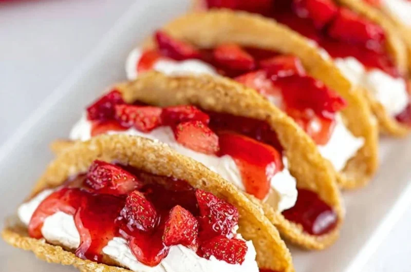 Easy cheesecake tacos filled with creamy cheesecake and fresh toppings