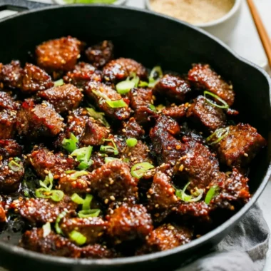 Delicious easy Korean steak bites served with vegetables.