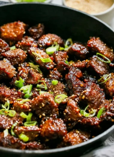 Delicious easy Korean steak bites served with vegetables.