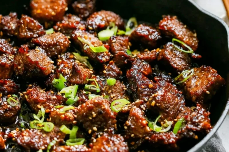 Delicious easy Korean steak bites served with vegetables.